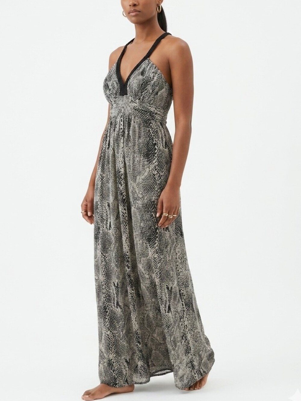 Express Y2K Black & Gray Python Print Halter Maxi Dress Size Small